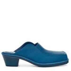 UGG + Eckhaus Latta Block Heel Cowboy Mule in Moroccan Blue.